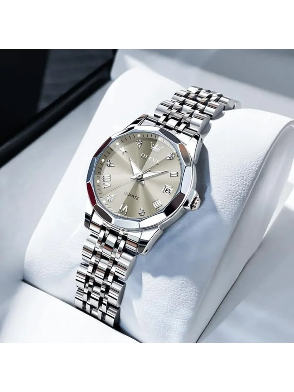 Women’s Grey White Luxury Stainless Steel Waterproof Quartz Analog Dress Watch